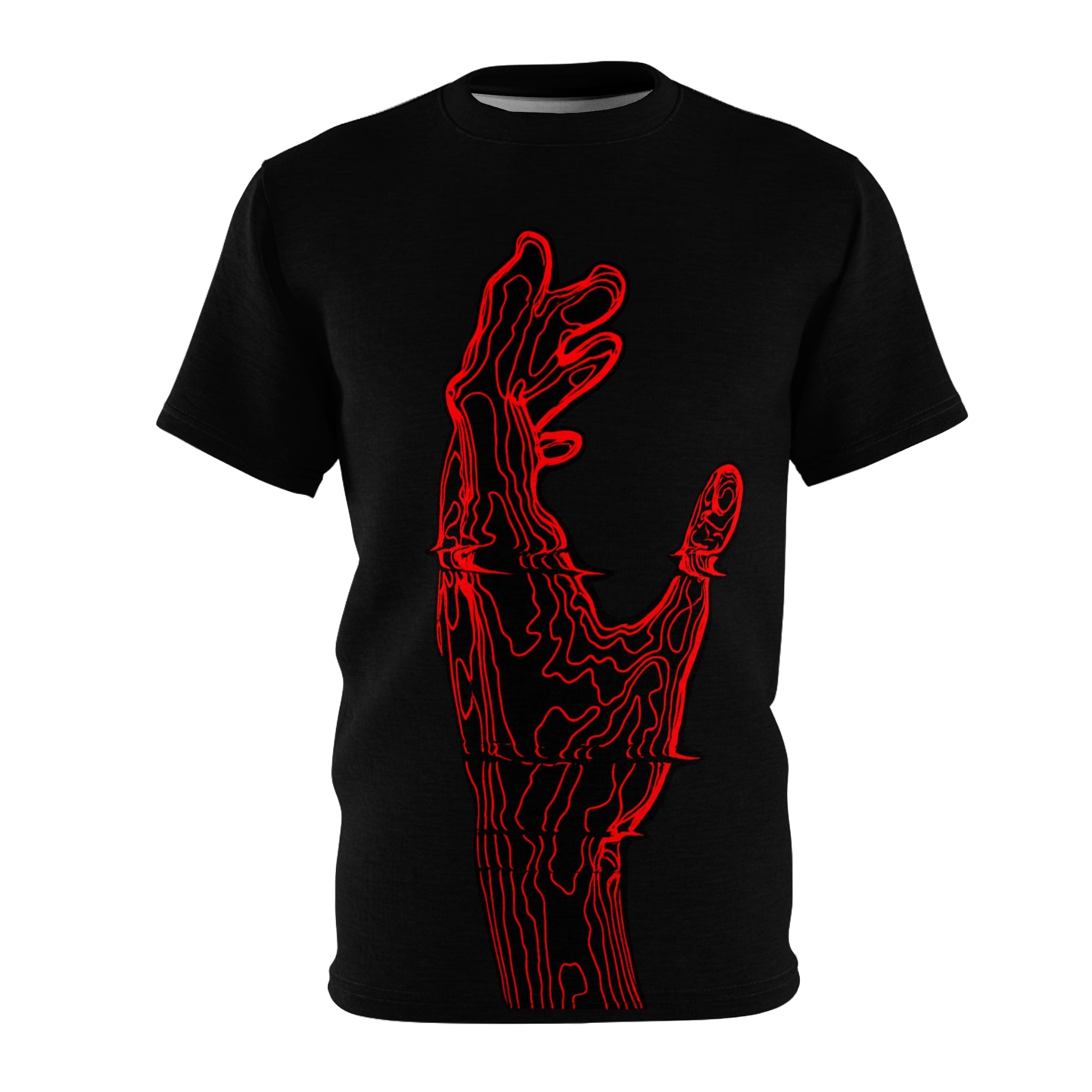 Graphic Tee — Neon Red Skeletal Hand Design