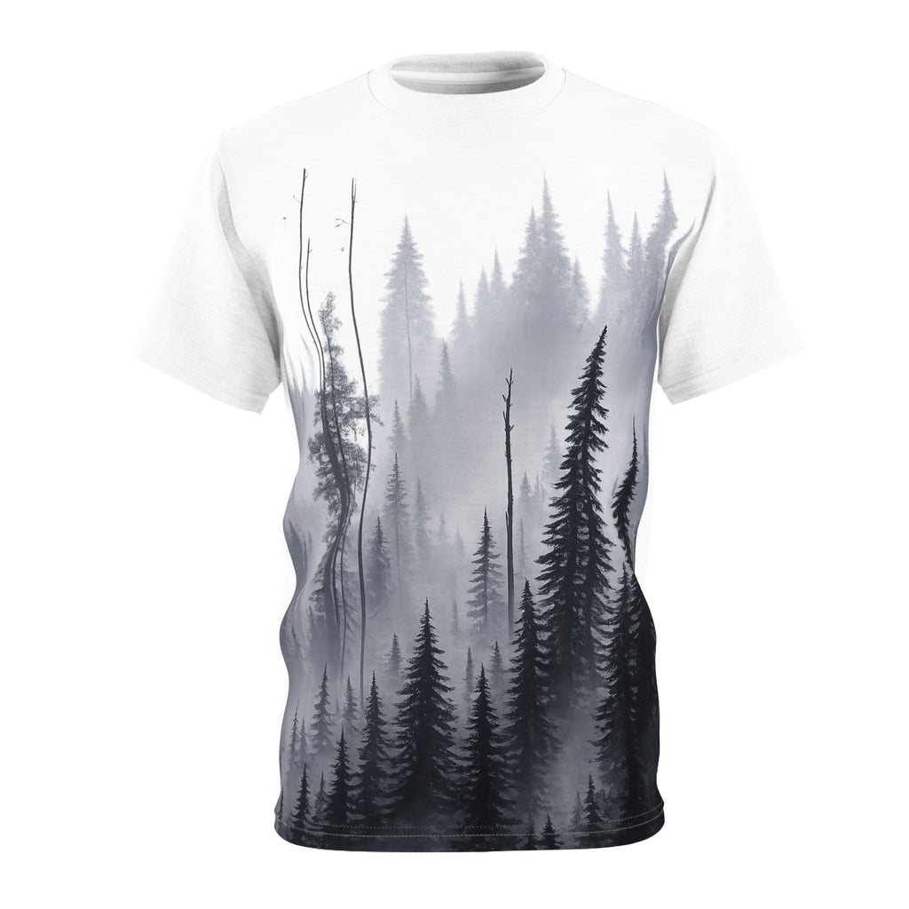 Forest Mist Tee — Monochrome Pine Tree All-Over Print Shirt