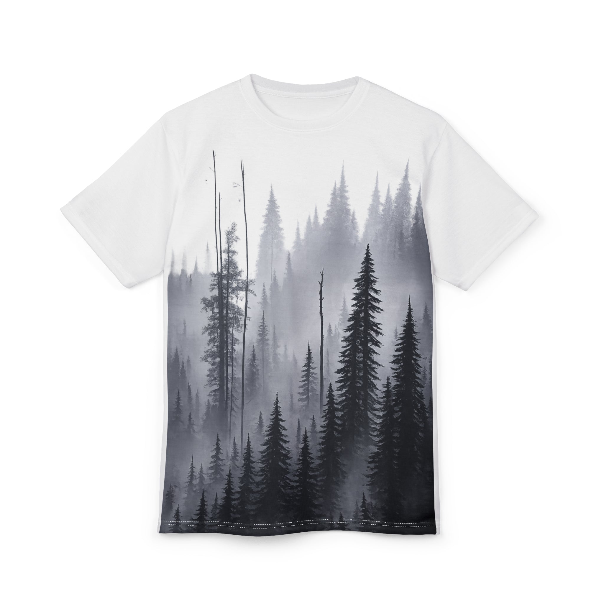Forest Mist Tee — Monochrome Pine Tree All-Over Print Shirt