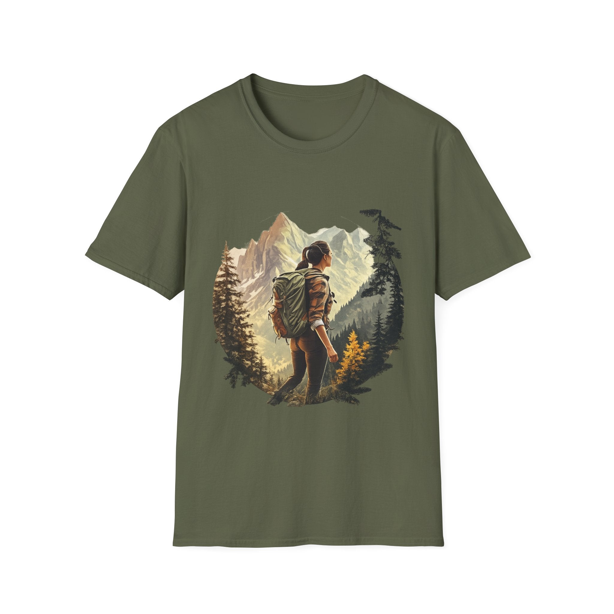 Hiker Mountain Scene T-Shirt — Adventure Backpacking Nature Graphic