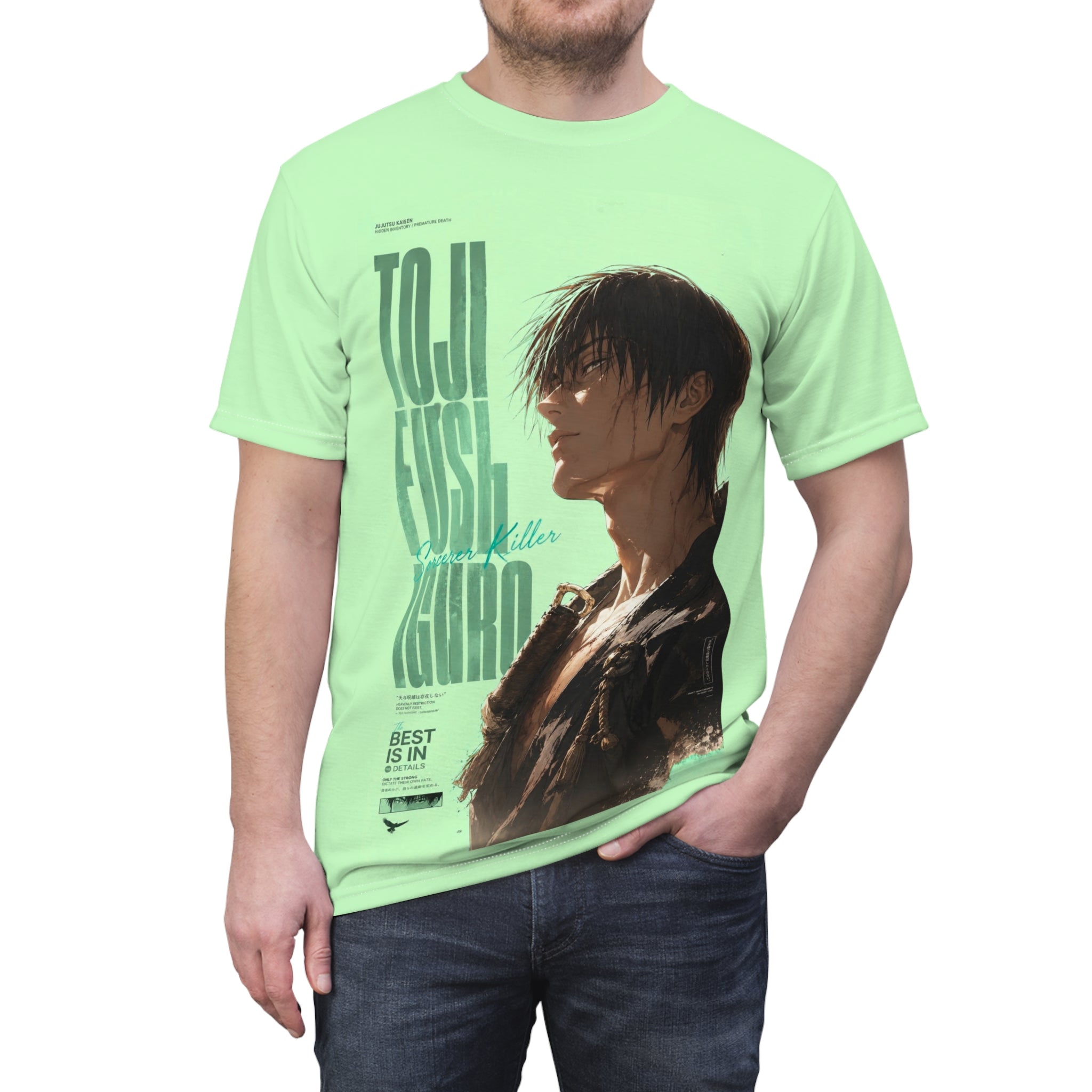 Anime Character Graphic Tee — "Toughest Hero" Vertical Text Design