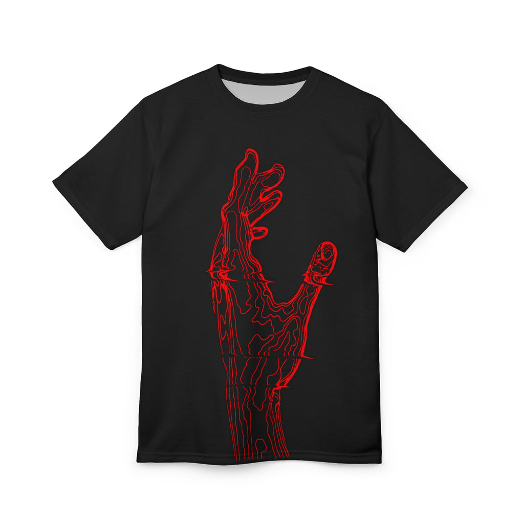 Graphic Tee — Neon Red Skeletal Hand Design
