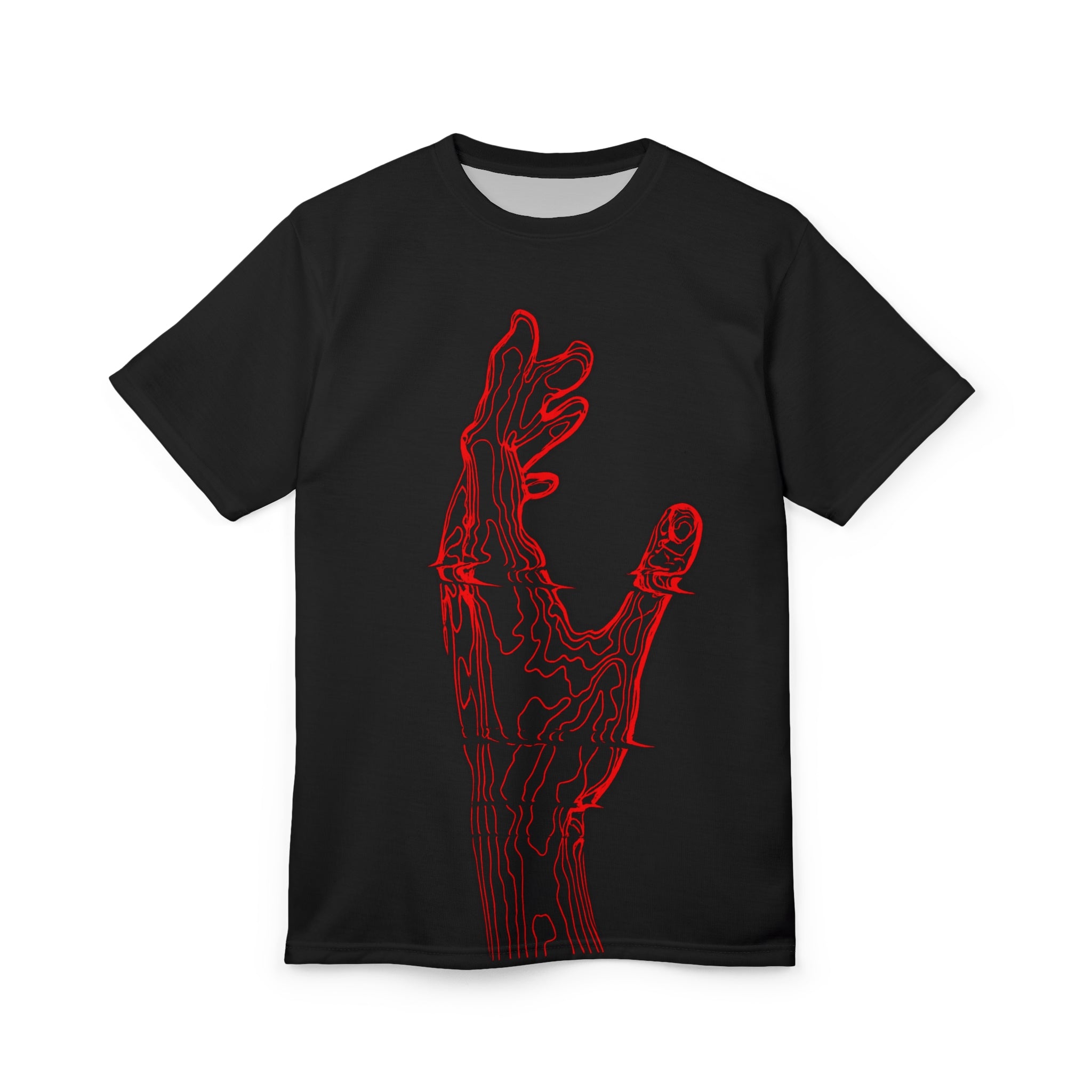 Graphic Tee — Neon Red Skeletal Hand Design