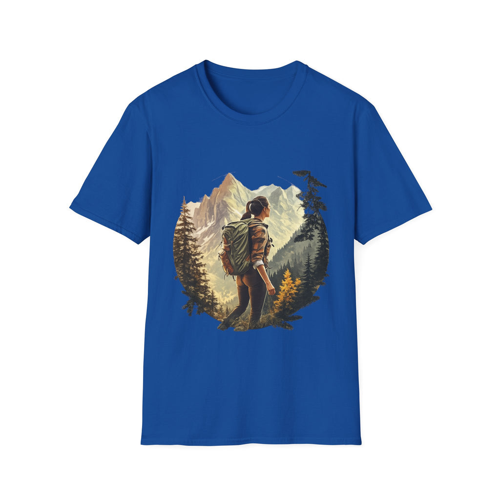 Hiker Mountain Scene T-Shirt — Adventure Backpacking Nature Graphic